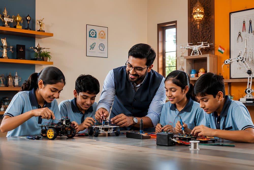 A teacher helping students build robot cars in a robotics lab